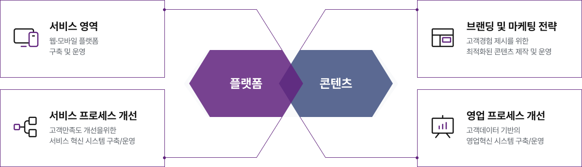 플랫폼
- 서비스 영역 : 웹·모바일 플랫폼 구축 및 운영
- 서비스 프로세스 개선 : 고객만족도 개선을위한 서비스 혁신 시스템 구축/운영
콘텐츠
- 브랜딩 및 마케팅 전략 : 고객경험 제시를 위한 최적화된 콘텐츠 제작 및 운영
- 영업 프로세스 개선 : 고객데이터 기반의 영업혁신 시스템 구축/운영
