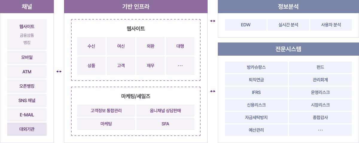 
                                채널 : 웹사이트, 모바일, ATM, 오픈뱅킹, SNS채널, E-MAIL, 대외기관
                                기반 인프라 : 웹사이트, 마케팅/세일즈
                                정보분석 : EDW, 실시간 분석, 사용자 분석
                                전문시스템 : 방카슈랑스, 펀드, 퇴직연금, 관리회례, IFRS, 운영리스크, 신용리스크, 시장리스크, 자금세탁방지, 종합감사, 예산관리, ...
                                